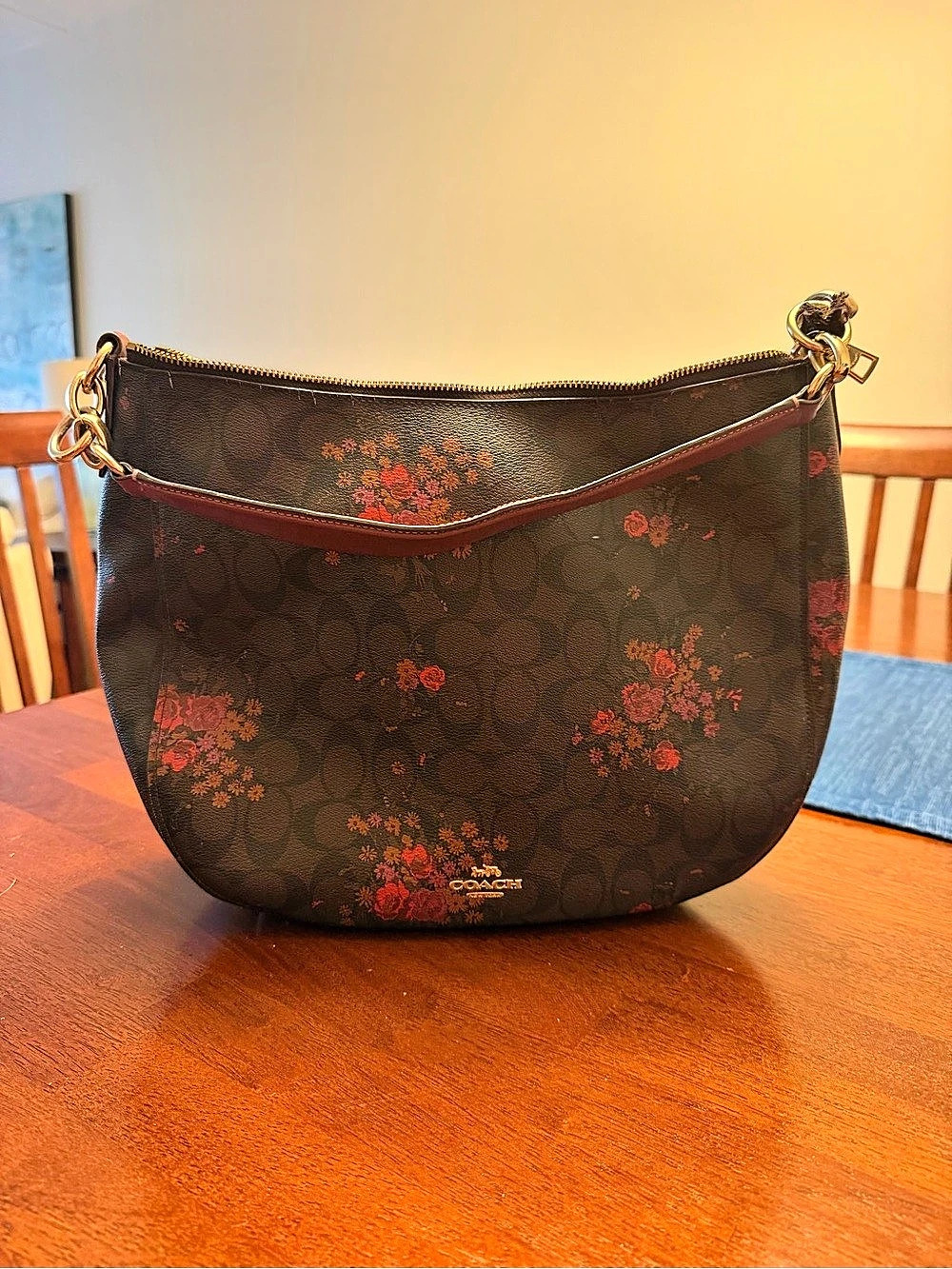Coach Floral Shoulder Bag in Brown & Red